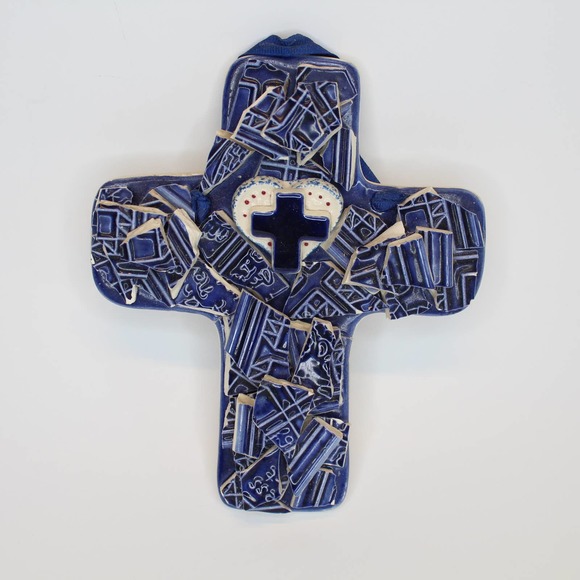 J. Duban Designs Handcrafted Broken Tile Mosaic Art Hanging Cross Cobalt - Picture 2 of 8